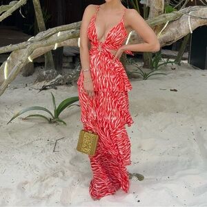 Vibrant Orange/Red and White Maxi Dress